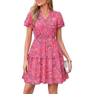 image:imagePRETTYGARDEN Womens Summer Floral Mini Dress 2026 Trendy Ruffle Short Sleeve V Neck Flowy A Line Short Beach DressesRose Red Floral