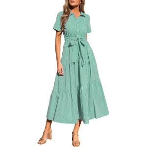 image:imagePRETTYGARDEN Womens Summer Maxi Button Up Shirt Dress 2026 Short Sleeve Striped A Line Long Flowy Elegant Spring DressesGreen Striped