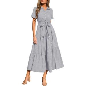 image:imagePRETTYGARDEN Womens Summer Maxi Button Up Shirt Dress 2026 Short Sleeve Striped A Line Long Flowy Elegant Spring DressesGrey Striped