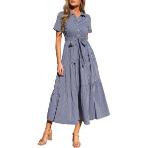 image:imagePRETTYGARDEN Womens Summer Maxi Button Up Shirt Dress 2026 Short Sleeve Striped A Line Long Flowy Elegant Spring DressesNavy Blue Striped