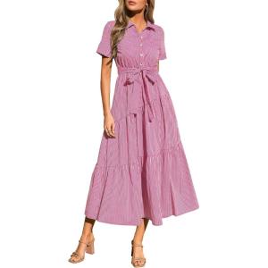 image:imagePRETTYGARDEN Womens Summer Maxi Button Up Shirt Dress 2026 Short Sleeve Striped A Line Long Flowy Elegant Spring DressesRose Red Striped