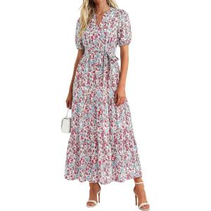 image:imagePRETTYGARDEN Womens Summer Maxi Dresses Boho Floral Short Sleeve V Neck Casual Wedding Guest 2026 Beach Vacation OutfitsFloral Beige Multicolored