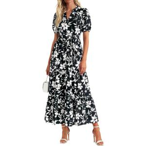 image:imagePRETTYGARDEN Womens Summer Maxi Dresses Boho Floral Short Sleeve V Neck Casual Wedding Guest 2026 Beach Vacation OutfitsFloral Black White