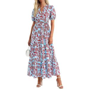image:imagePRETTYGARDEN Womens Summer Maxi Dresses Boho Floral Short Sleeve V Neck Casual Wedding Guest 2026 Beach Vacation OutfitsFloral Blue Brown