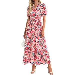 image:imagePRETTYGARDEN Womens Summer Maxi Dresses Boho Floral Short Sleeve V Neck Casual Wedding Guest 2026 Beach Vacation OutfitsFloral Orange Pink Red