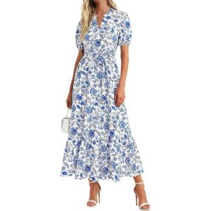 image:imagePRETTYGARDEN Womens Summer Maxi Dresses Boho Floral Short Sleeve V Neck Casual Wedding Guest 2026 Beach Vacation OutfitsFloral White Blue