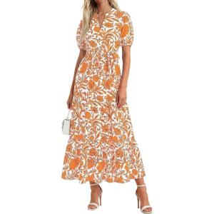 image:imagePRETTYGARDEN Womens Summer Maxi Dresses Boho Floral Short Sleeve V Neck Casual Wedding Guest 2026 Beach Vacation OutfitsFloral White Orange