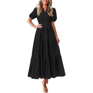 image:imagePRETTYGARDEN Womens Summer Maxi Dresses 2026 Casual Puff Sleeve V Neck Smocked Flowy Eyelet Cotton Dress Spring SundressBlack
