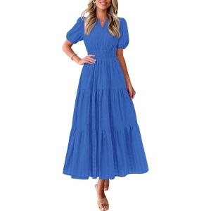 image:imagePRETTYGARDEN Womens Summer Maxi Dresses 2026 Casual Puff Sleeve V Neck Smocked Flowy Eyelet Cotton Dress Spring SundressBlue