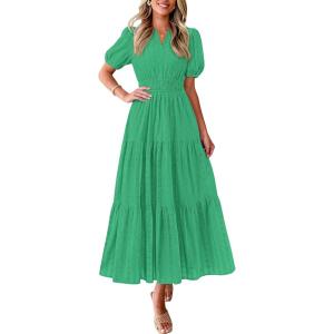 image:imagePRETTYGARDEN Womens Summer Maxi Dresses 2026 Casual Puff Sleeve V Neck Smocked Flowy Eyelet Cotton Dress Spring SundressGreen