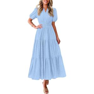 image:imagePRETTYGARDEN Womens Summer Maxi Dresses 2026 Casual Puff Sleeve V Neck Smocked Flowy Eyelet Cotton Dress Spring SundressLight Blue