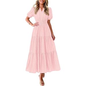 image:imagePRETTYGARDEN Womens Summer Maxi Dresses 2026 Casual Puff Sleeve V Neck Smocked Flowy Eyelet Cotton Dress Spring SundressPink