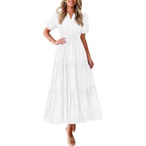 image:imagePRETTYGARDEN Womens Summer Maxi Dresses 2026 Casual Puff Sleeve V Neck Smocked Flowy Eyelet Cotton Dress Spring SundressWhite