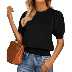 image:imagePRETTYGARDEN Womens Sweaters Spring 2026 Summer Puff Short Sleeve Sweater Trendy Cute Knit Work Blouses Business Casual TopsBlack