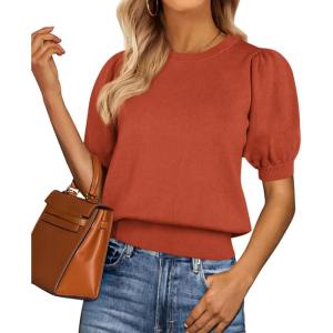 image:imagePRETTYGARDEN Womens Sweaters Spring 2026 Summer Puff Short Sleeve Sweater Trendy Cute Knit Work Blouses Business Casual TopsBrick Red