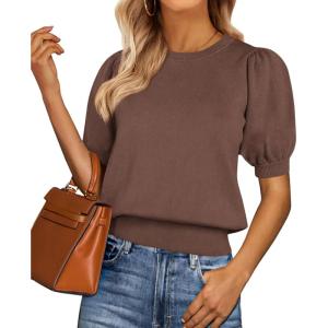 image:imagePRETTYGARDEN Womens Sweaters Spring 2026 Summer Puff Short Sleeve Sweater Trendy Cute Knit Work Blouses Business Casual TopsCoffee