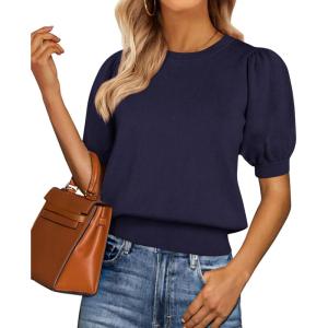 image:imagePRETTYGARDEN Womens Sweaters Spring 2026 Summer Puff Short Sleeve Sweater Trendy Cute Knit Work Blouses Business Casual TopsDark Blue