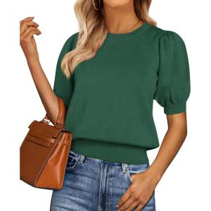 image:imagePRETTYGARDEN Womens Sweaters Spring 2026 Summer Puff Short Sleeve Sweater Trendy Cute Knit Work Blouses Business Casual TopsDark Green