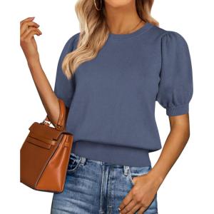image:imagePRETTYGARDEN Womens Sweaters Spring 2026 Summer Puff Short Sleeve Sweater Trendy Cute Knit Work Blouses Business Casual TopsGrey Blue