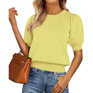 image:imagePRETTYGARDEN Womens Sweaters Spring 2026 Summer Puff Short Sleeve Sweater Trendy Cute Knit Work Blouses Business Casual TopsLight Yellow