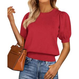 image:imagePRETTYGARDEN Womens Sweaters Spring 2026 Summer Puff Short Sleeve Sweater Trendy Cute Knit Work Blouses Business Casual TopsRed