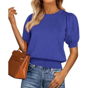 image:imagePRETTYGARDEN Womens Sweaters Spring 2026 Summer Puff Short Sleeve Sweater Trendy Cute Knit Work Blouses Business Casual TopsRoyal Blue
