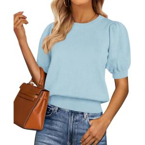 image:imagePRETTYGARDEN Womens Sweaters Spring 2026 Summer Puff Short Sleeve Sweater Trendy Cute Knit Work Blouses Business Casual TopsSky Blue