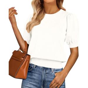 image:imagePRETTYGARDEN Womens Sweaters Spring 2026 Summer Puff Short Sleeve Sweater Trendy Cute Knit Work Blouses Business Casual TopsWhite