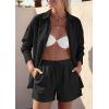 image:imagePRETTYGARDEN Womens Summer 2 Piece Matching Lounge Sets Pajamas Long Sleeve Shirts Blouse Pockets Shorts 2026 Spring OutfitsBlack