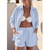 image:imagePRETTYGARDEN Womens Summer 2 Piece Matching Lounge Sets Pajamas Long Sleeve Shirts Blouse Pockets Shorts 2026 Spring OutfitsLight Blue