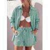 image:imagePRETTYGARDEN Womens Summer 2 Piece Matching Lounge Sets Pajamas Long Sleeve Shirts Blouse Pockets Shorts 2026 Spring OutfitsStriped Green White