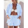 image:imagePRETTYGARDEN Womens Summer 2 Piece Matching Lounge Sets Pajamas Long Sleeve Shirts Blouse Pockets Shorts 2026 Spring OutfitsStriped Light Blue White