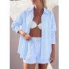 image:imagePRETTYGARDEN Womens Summer 2 Piece Matching Lounge Sets Pajamas Long Sleeve Shirts Blouse Pockets Shorts 2026 Spring OutfitsStriped Light Blue White
