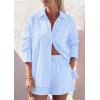image:imagePRETTYGARDEN Womens Summer 2 Piece Matching Lounge Sets Pajamas Long Sleeve Shirts Blouse Pockets Shorts 2026 Spring OutfitsStriped Light Blue White