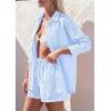 image:imagePRETTYGARDEN Womens Summer 2 Piece Matching Lounge Sets Pajamas Long Sleeve Shirts Blouse Pockets Shorts 2026 Spring OutfitsStriped Light Blue White