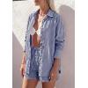 image:imagePRETTYGARDEN Womens Summer 2 Piece Matching Lounge Sets Pajamas Long Sleeve Shirts Blouse Pockets Shorts 2026 Spring OutfitsStriped Navy White
