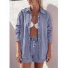 image:imagePRETTYGARDEN Womens Summer 2 Piece Matching Lounge Sets Pajamas Long Sleeve Shirts Blouse Pockets Shorts 2026 Spring OutfitsStriped Navy White