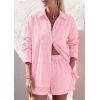 image:imagePRETTYGARDEN Womens Summer 2 Piece Matching Lounge Sets Pajamas Long Sleeve Shirts Blouse Pockets Shorts 2026 Spring OutfitsStriped Pink White