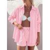 image:imagePRETTYGARDEN Womens Summer 2 Piece Matching Lounge Sets Pajamas Long Sleeve Shirts Blouse Pockets Shorts 2026 Spring OutfitsStriped Pink White