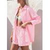 image:imagePRETTYGARDEN Womens Summer 2 Piece Matching Lounge Sets Pajamas Long Sleeve Shirts Blouse Pockets Shorts 2026 Spring OutfitsStriped Pink White