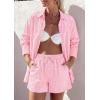 image:imagePRETTYGARDEN Womens Summer 2 Piece Matching Lounge Sets Pajamas Long Sleeve Shirts Blouse Pockets Shorts 2026 Spring OutfitsStriped Pink White