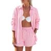 image:imagePRETTYGARDEN Womens Summer 2 Piece Matching Lounge Sets Pajamas Long Sleeve Shirts Blouse Pockets Shorts 2026 Spring OutfitsStriped Pink White