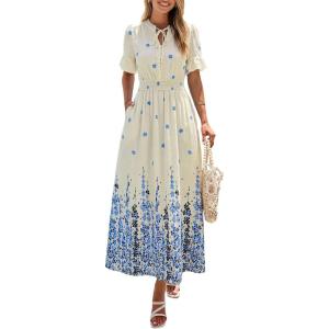 image:imagePRETTYGARDEN Womens Boho Floral Maxi Dress Summer 2026 Short Sleeve Tie V Neck Spring Wedding Guest Flowy Beach Sun DressesApricot Blue Floral