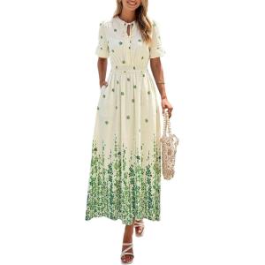image:imagePRETTYGARDEN Womens Boho Floral Maxi Dress Summer 2026 Short Sleeve Tie V Neck Spring Wedding Guest Flowy Beach Sun DressesApricot Green Floral