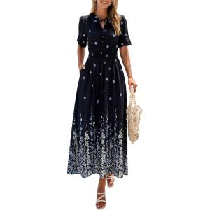 image:imagePRETTYGARDEN Womens Boho Floral Maxi Dress Summer 2026 Short Sleeve Tie V Neck Spring Wedding Guest Flowy Beach Sun DressesBlack White Floral