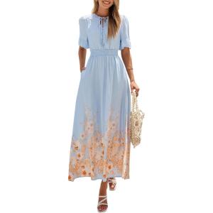 image:imagePRETTYGARDEN Womens Boho Floral Maxi Dress Summer 2026 Short Sleeve Tie V Neck Spring Wedding Guest Flowy Beach Sun DressesLight Blue