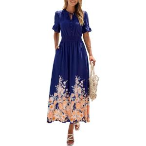 image:imagePRETTYGARDEN Womens Boho Floral Maxi Dress Summer 2026 Short Sleeve Tie V Neck Spring Wedding Guest Flowy Beach Sun DressesNavy Blue