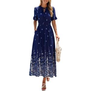 image:imagePRETTYGARDEN Womens Boho Floral Maxi Dress Summer 2026 Short Sleeve Tie V Neck Spring Wedding Guest Flowy Beach Sun DressesNavy Blue White Floral