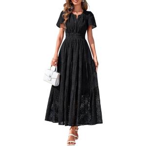 image:imagePRETTYGARDEN Womens Boho Maxi Dress 2026 Floral Summer Spring Short Sleeve V Neck A Line Embroidered Beach Vacation DressesBlack