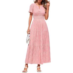 image:imagePRETTYGARDEN Womens Boho Maxi Dress 2026 Floral Summer Spring Short Sleeve V Neck A Line Embroidered Beach Vacation DressesPink
